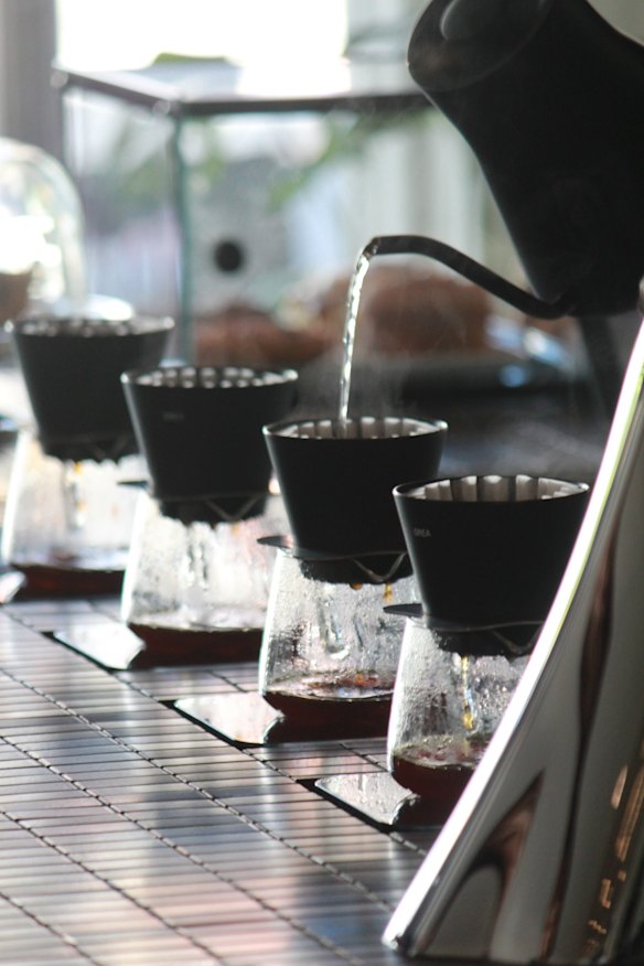 Brewing the coffee with the kinto pour over kettle.