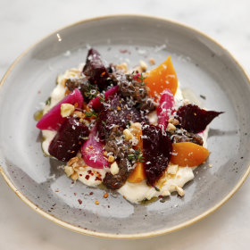 Beetroots, straciatella, raisin and caper relish.