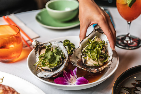 Jumbo oysters with spring onions and soy.