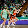 The Fever’s Sunday Aryang reaches for the ball during Sunday’s round 13 Super Netball match. 