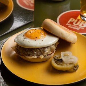 An all-day breakfast muffin with cotechino sausage, comte and egg.