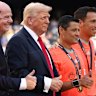 Donald Trump with FIFA president Gianni Infantino and referee Alireza Faghani (to the right of Trump).