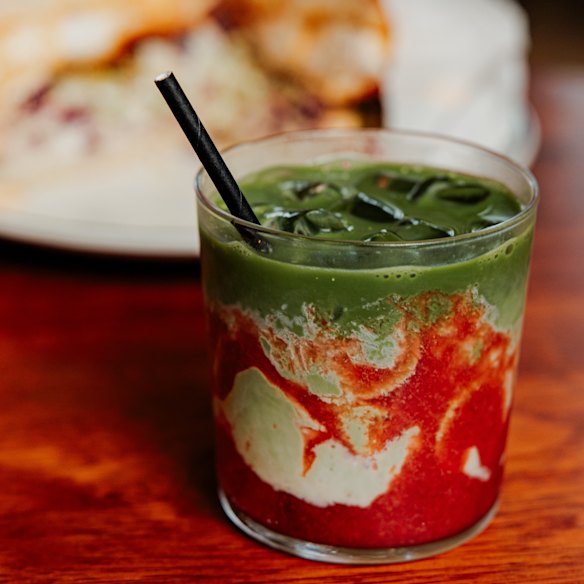 Iced matcha with poached rhubarb at Angus in Marrickville.