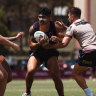 Brendan Piakura in action at Broncos training.