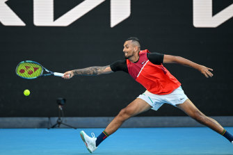 Nick Kyrgios stretches for a shot against Daniil Medvedev but found the  Russian too good on the night.