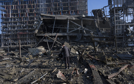 Shelling destroyed a shopping centre in a densely populated part of Kyiv this week.
