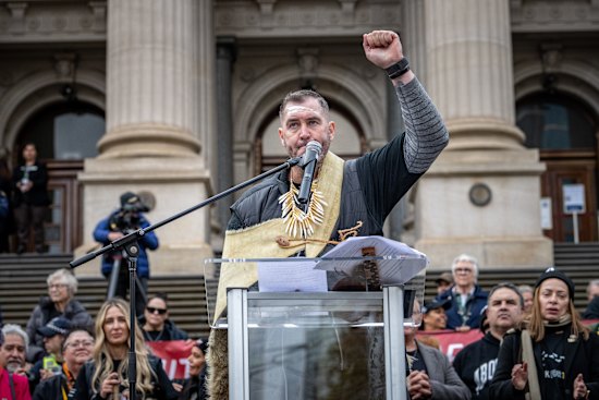 Yoorrook commissioner Travis Lovett at the end of the Walk for Truth to the steps of parliament on June 16.