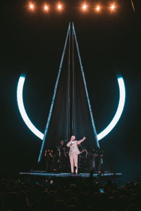Smith in front of the giant pyramid that dominated the stage.