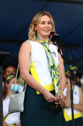Ariarne Titmus speaks to fans during the Olympic and Paralympic celebration in Brisbane on Friday.