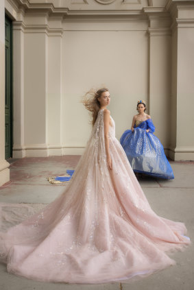 Making waves ... models wear gowns by  Paolo Sebastian (left) and Paul McCann.