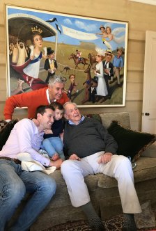 Tom with William (aged 18 months),  great grandpa Bill and Rob standing behind. In the background is a painting by Gary Shead depicting daughter-in-law Gai training Carlton House for the Queen.