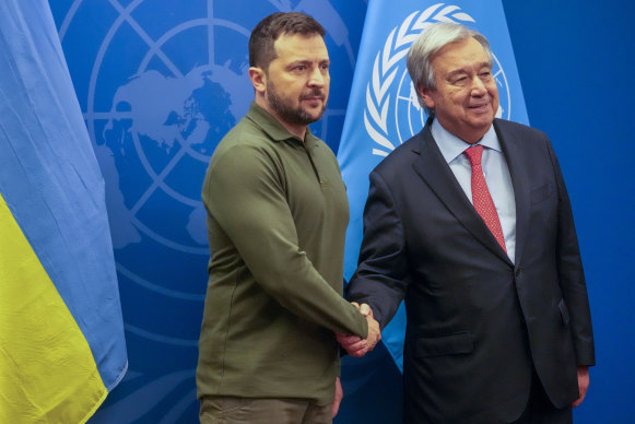 Ukraine President Volodymyr Zelensky, left, meets with United Nations Secretary-General Antonio Guterres, at the UN headquarters on Tuesday. 