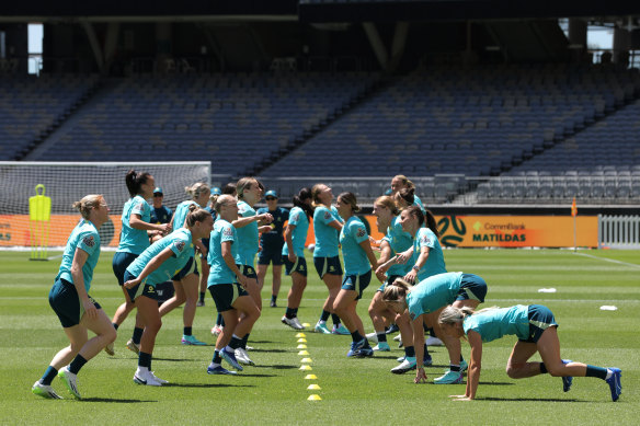 The Matildas train at Optus Stadium on Saturday.