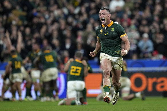 South Africa’s Jesse Kriel celebrates after the 12-11 win.