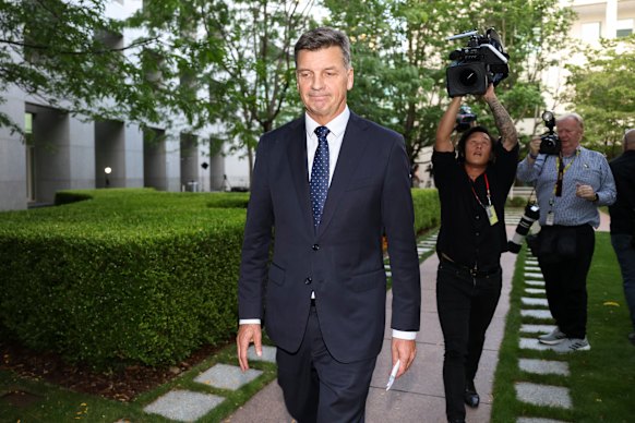Member for Hume Angus Taylor departs after a press conference at Parliament House in Canberra on Wednesday 11 February 2026.