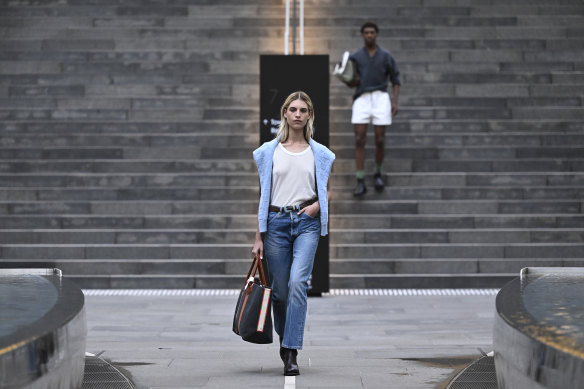 Anything goes ... a model in cropped jeans in the Haulier runway at Australian Fashion Week.