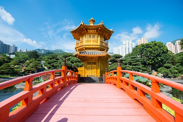 Serene golden pavilions offer a tranquil escape in Hong Kong.