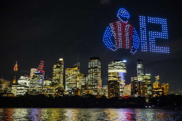 A drone display over Sydney Harbour of The Everest barrier draw on Tuesday night.