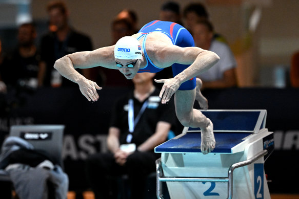 Cate Campbell dives off the blocks at the Australian Swimming Championships. 