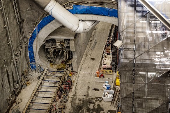 Construction continues at the Westmead metro station site on Friday.