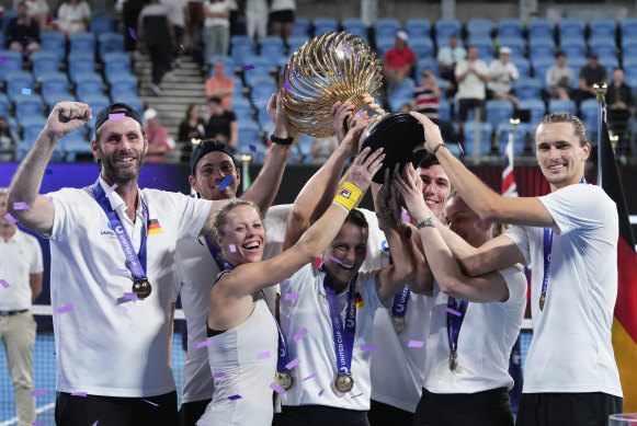 Germany’s Laura Siegemund and Alexander Zverev celebrate after defeating Poland’s Iga Swiatek and Hubert Hurkacz in the final of the United Cup in Sydney.