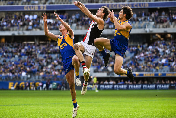 St Kilda’s Max King competes for a mark with West Coast’s Tom Barrass.