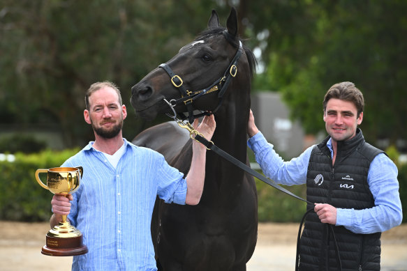   Ciaron Maher (left) and David Eustace with their Melbourne Cup winner, Gold Trip.