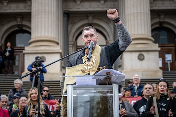 Yoorrook commissioner Travis Lovett at the end of the Walk for Truth to the steps of parliament on June 16.