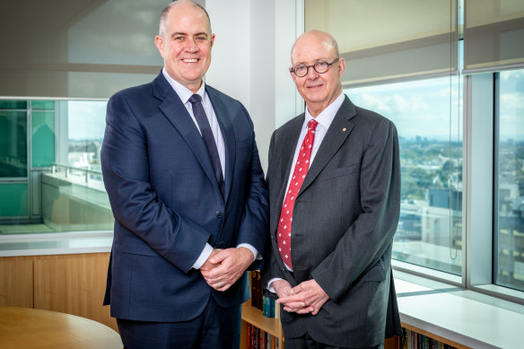 Outgoing ABC boss David Anderson (left) said the report was more reason for him to stay on to lay the groundwork for his successor. ABC chair Kim Williams is on the right.