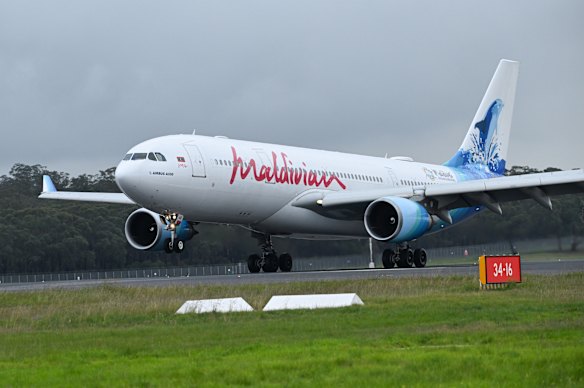 Maldivian’s Airbus A330 arriving in Melbourne on Monday.