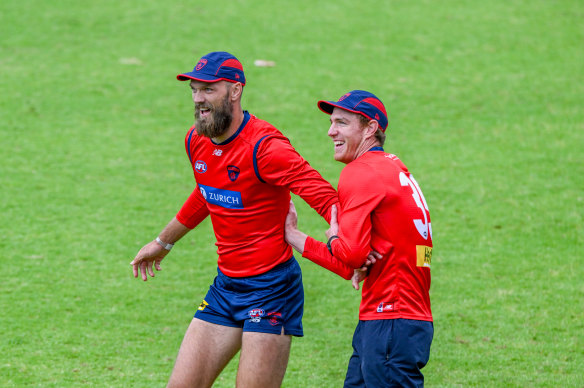 Max Gawn and Harrison Petty during Melbourne Football Club preseason training.