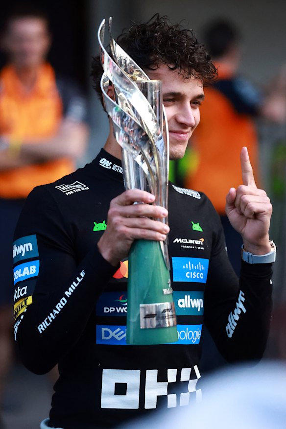 Lando Norris with the spoils of victory.