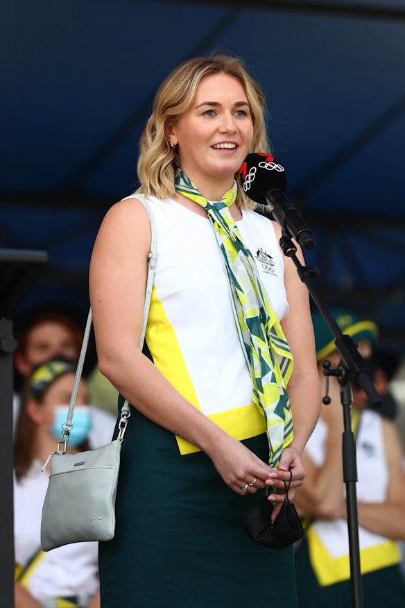 Ariarne Titmus speaks to fans during the Olympic and Paralympic celebration in Brisbane on Friday.