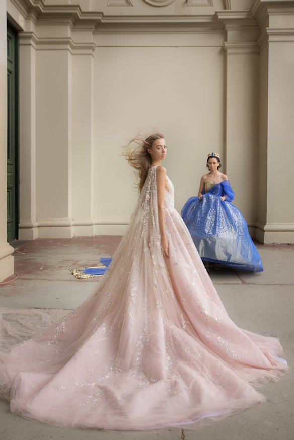 Making waves ... models wear gowns by  Paolo Sebastian (left) and Paul McCann.