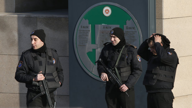 Iraq isn't the only country cracking down on Islamic State activities. Here, Turkish police guard an Istanbul court that Turkish media said sentenced three people to life prison terms in January for their involvement in an Islamic State bomb attack.