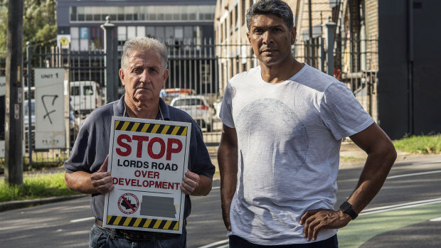 Colin Cranson and Rob Meyers outside their homes close to the controversial Lords Road industrial estate in Leichhardt.