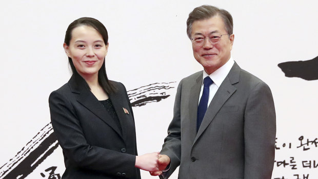 South Korean President Moon Jae-in, right, poses with Kim Yo-jong, North Korean leader Kim Jong-un's sister, after lunch at Seoul’s presidential palace in February.