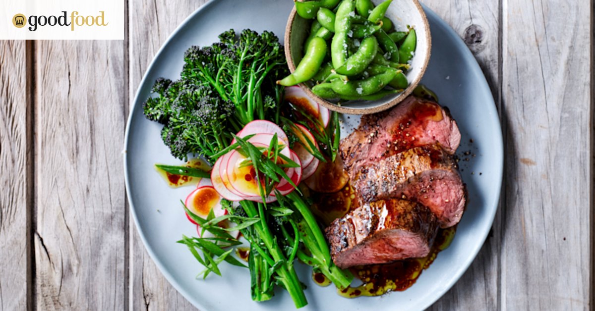 Soy-marinated steak recipe with broccolini and edamame salad
