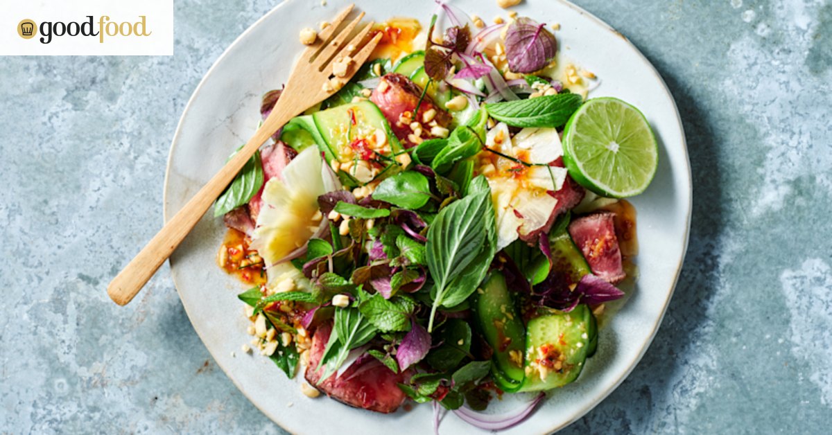 Spicy Thai beef salad with pineapple and cucumber