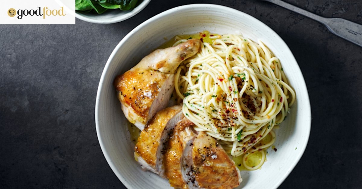 Spaghetti aglio e olio mit knusprigem Hähnchen