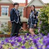 VCE results story about high-achieving schools for different subjects, Caulfield Grammar students Angus Grant and Julia Ades studied politics, a new VCE subject after global politics and australian politics were collapsed into one subject. 