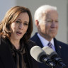 Vice President Kamala Harris speaks alongside President Joe Biden in March. 