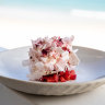 Strawberry gum lamington with Davidson plum jam.