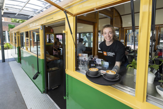 Barista Sarah Millard at William Angliss Institute’s Tram Cafe on La Trobe Street.