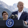 US President Joe Biden speaks at the  G7 summit in Bavaria on Sunday as  Canadian Prime Minister Justin Trudeau is looks on.