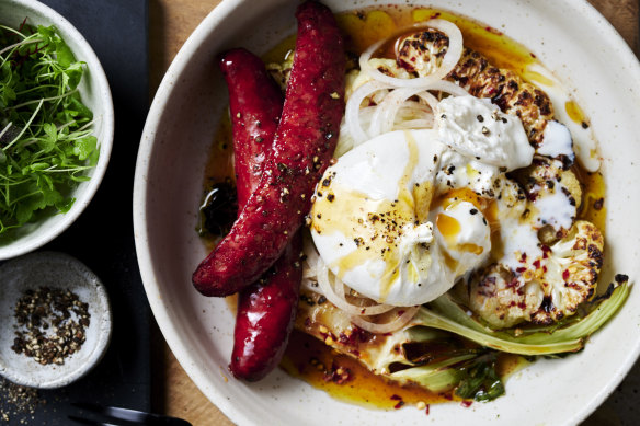 Charred cauliflower steaks with smoky chilli chorizo