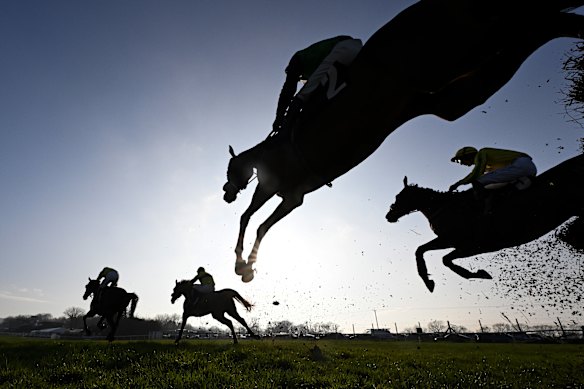 Runners and riders in action during the DragonBet The Roar Before Cheltenham Dragonboosts Handicap Chase at Plumpton Racecourse on March 09, 2026 in Plumpton, England.  