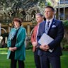 National Association of Women in Construction Queensland chapter president Emma McCaughey and Queensland Major Contractors Association chief executive Andrew Chapman, second from right, fronting media with government ministers on Friday.
