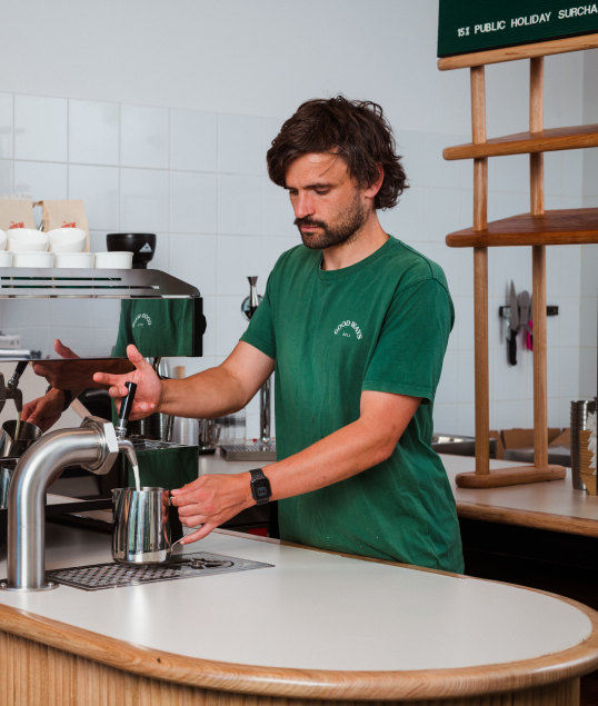 Good Ways Deli barista Tom demonstrates the Udder Way milk keg system.