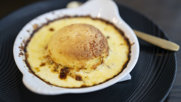 Twice-baked French goat cheese souffle.